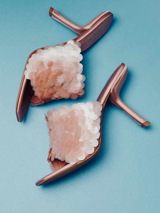 Jeffrey Campbell Shoes - NWOB Jeffrey Campbell Rose Gold Sequin Blush Satin Slide Heels Size 10 Sample